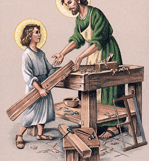 St. Joseph and Jesus in the Carpenter Shop working.